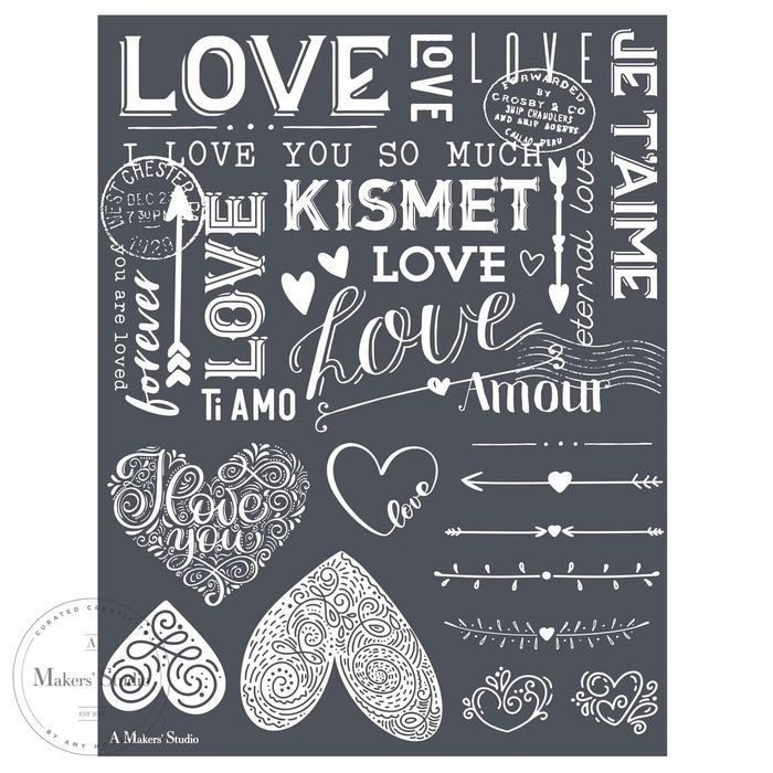 LOVE LOVE LOVE | MESH STENCIL 8.5 X 11 | A Maker's Studio | Adhesive Screen Print